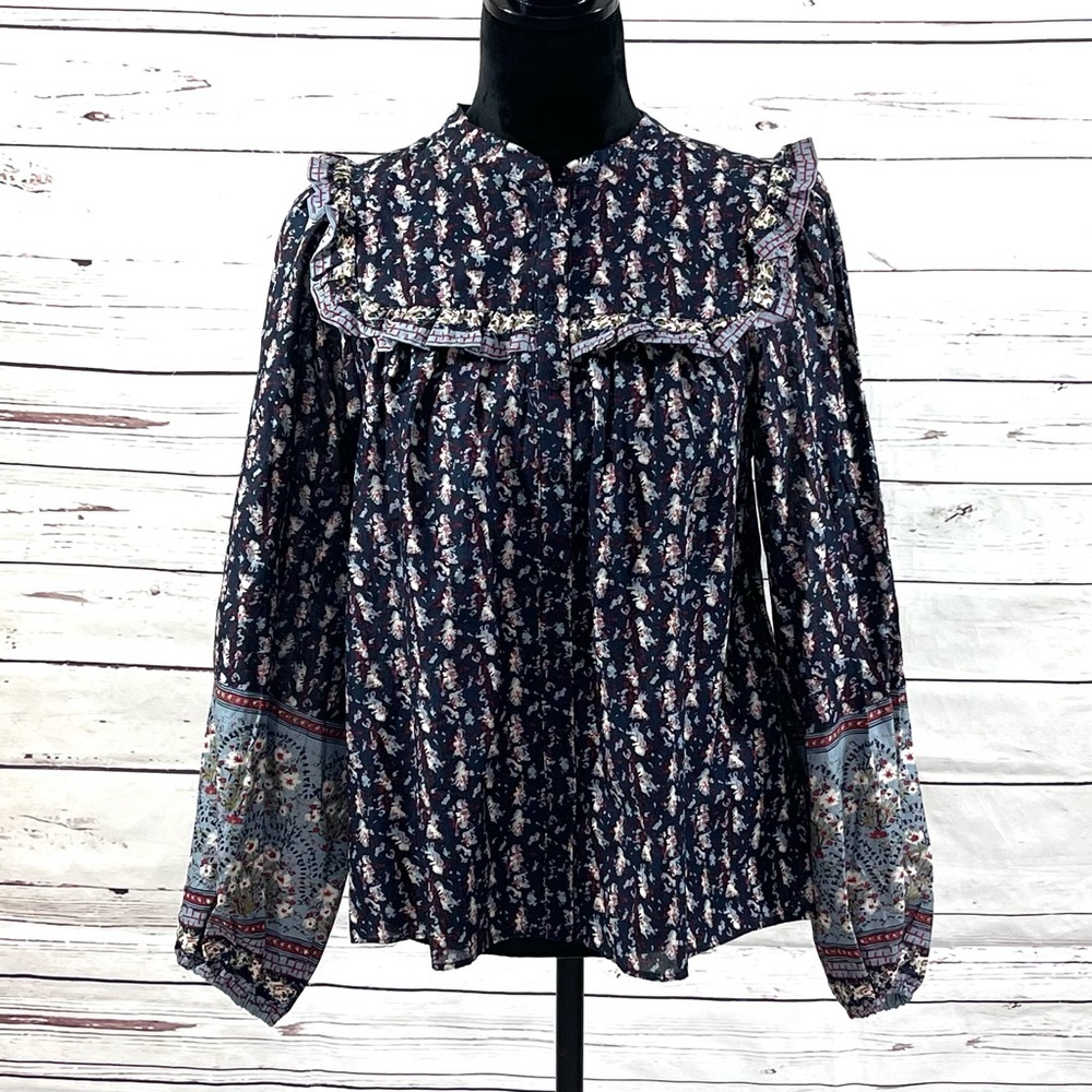 Joie Prairie‎ Ruffles Trim Peasant Bohemian Long Sleeves Blue Top Size M